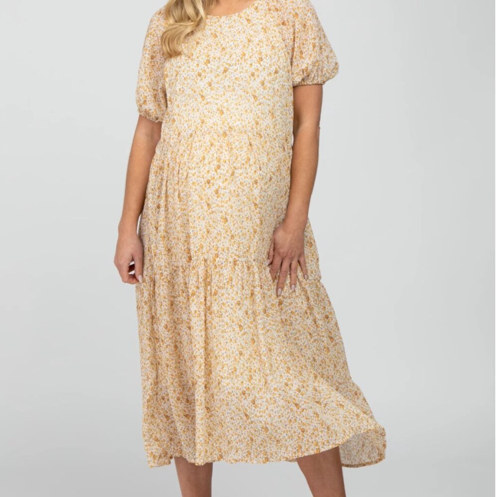 Pink Blush Maternity - yellow floral chiffon puff sleeve tiered maternity midi